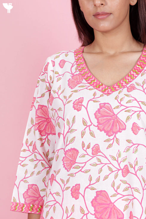 Cotton Kurta And Pant Set With Kota Dupatta In Block Print